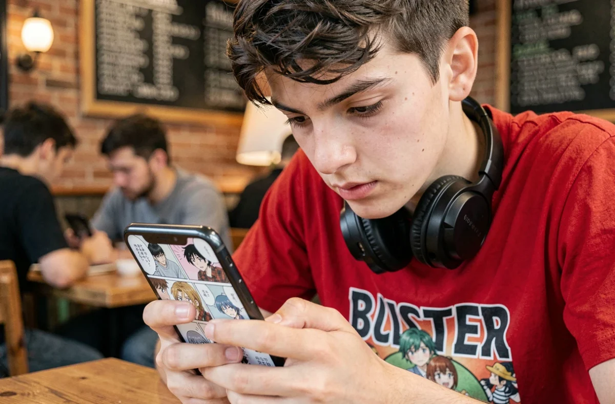 Adolescent lisant un scan manga One Piece sur smartphone dans un café urbain animé