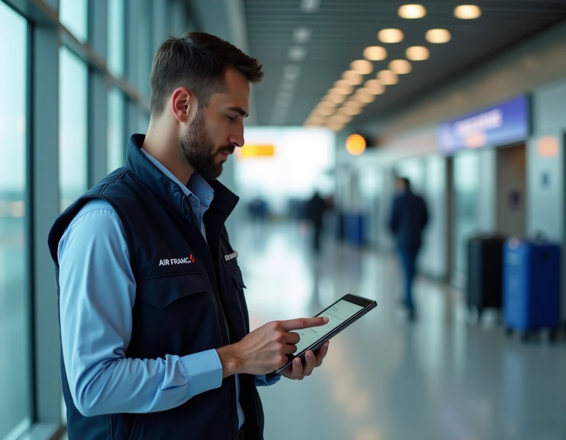 Agent au sol Air France consultant le portail Intralignes sur une tablette dans un couloir d'aéroport