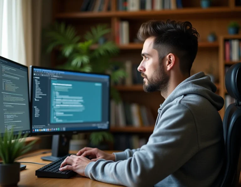 Homme utilisant un logiciel eMule sur ordinateur de bureau pour ajouter une adresse serveur dans un bureau à domicile
