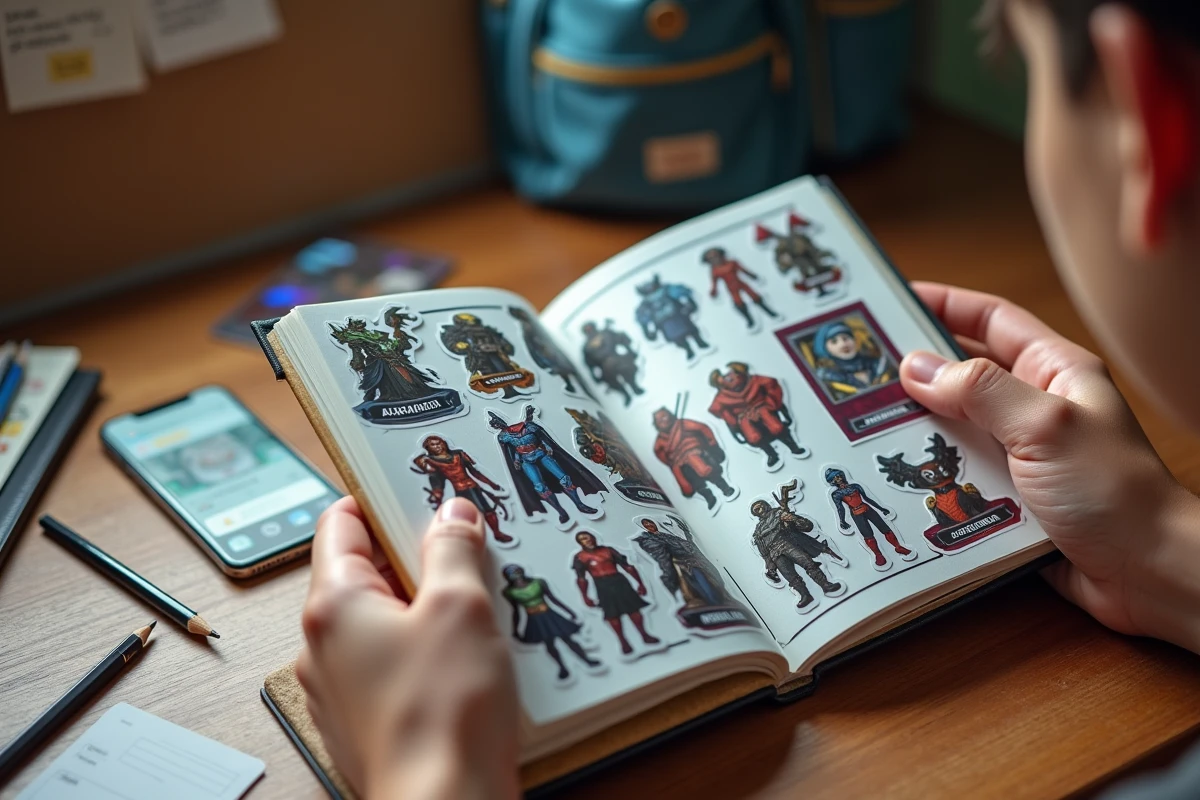 Mains tenant un album de vignettes Armor Lux ouvert avec des vignettes à échanger posées sur un bureau