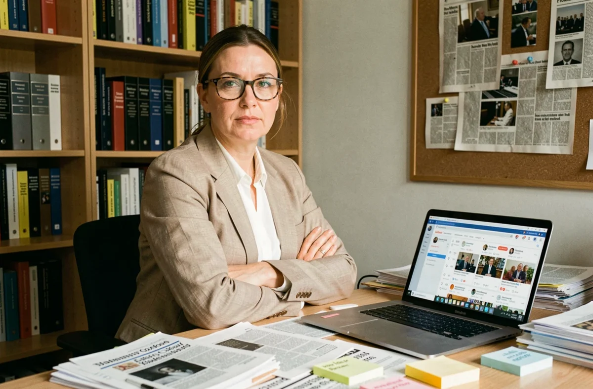 Analyste médiatique assise à son bureau encombré d'articles et d'un ordinateur portable, examinant les réseaux sociaux dans le contexte du débat sur l'engagement de célébrités pour la Palestine