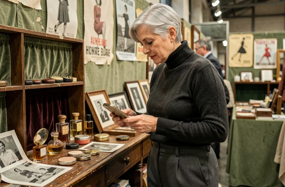 Femme française élégante aux cheveux argentés examinant des objets de beauté vintage dans un marché aux puces parisien, évoquant l'héritage et l'évolution des traditions de beauté en France