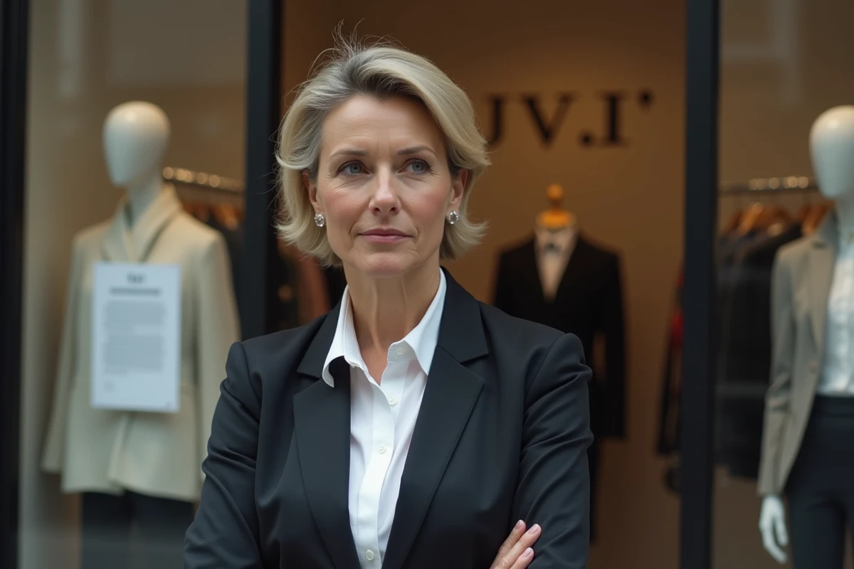 Femme devant une boutique Christine Laure fermée après un redressement judiciaire, expression réfléchie