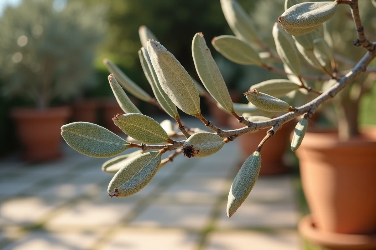 Gros plan sur une branche d'olivier malade avec feuilles desséchées et lésions sur l'écorce