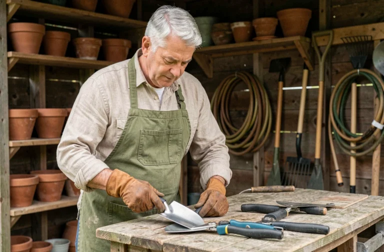 Jardinier expérimenté comparant des outils de jardinage de qualité sur un établi en bois dans un cabanon rustique