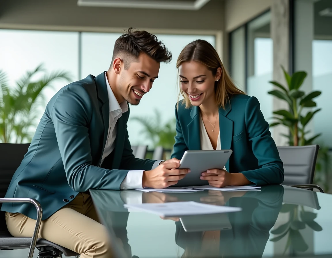 Deux collègues analysant des données financières en ligne sur une tablette dans un espace de coworking moderne