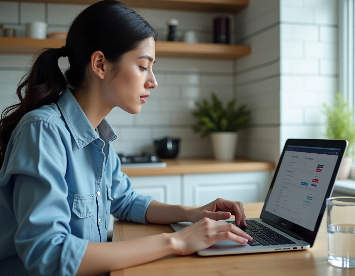 Femme configurant une liste de serveurs eMule sur son ordinateur portable dans une cuisine moderne