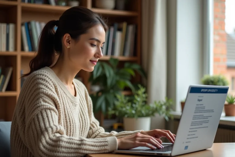 Femme connectée à sa messagerie académique Strasbourg depuis son bureau à domicile