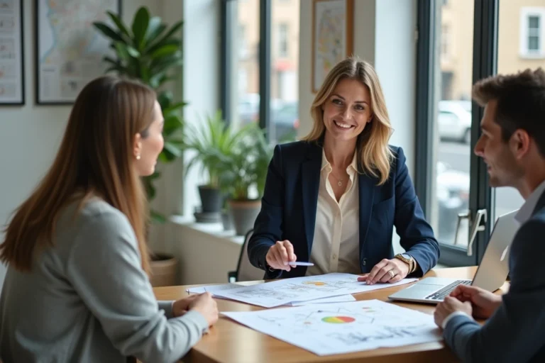Conseillère immobilière experte discutant d'un projet immobilier avec un couple dans une agence moderne