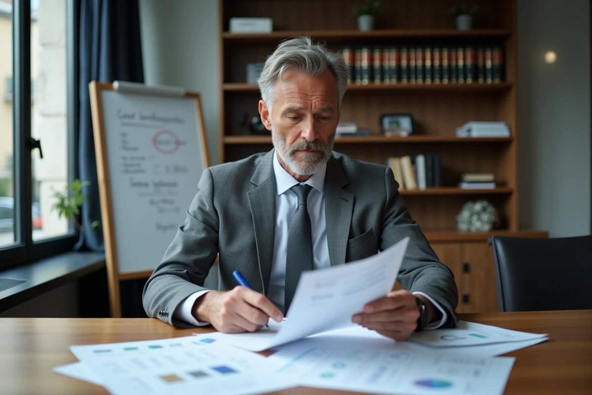 Consultant analysant des documents financiers liés à un redressement judiciaire dans une salle de réunion professionnelle