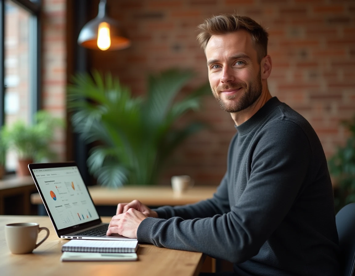 Consultant RH travaillant seul sur un logiciel de développement des ressources humaines dans un espace de coworking moderne
