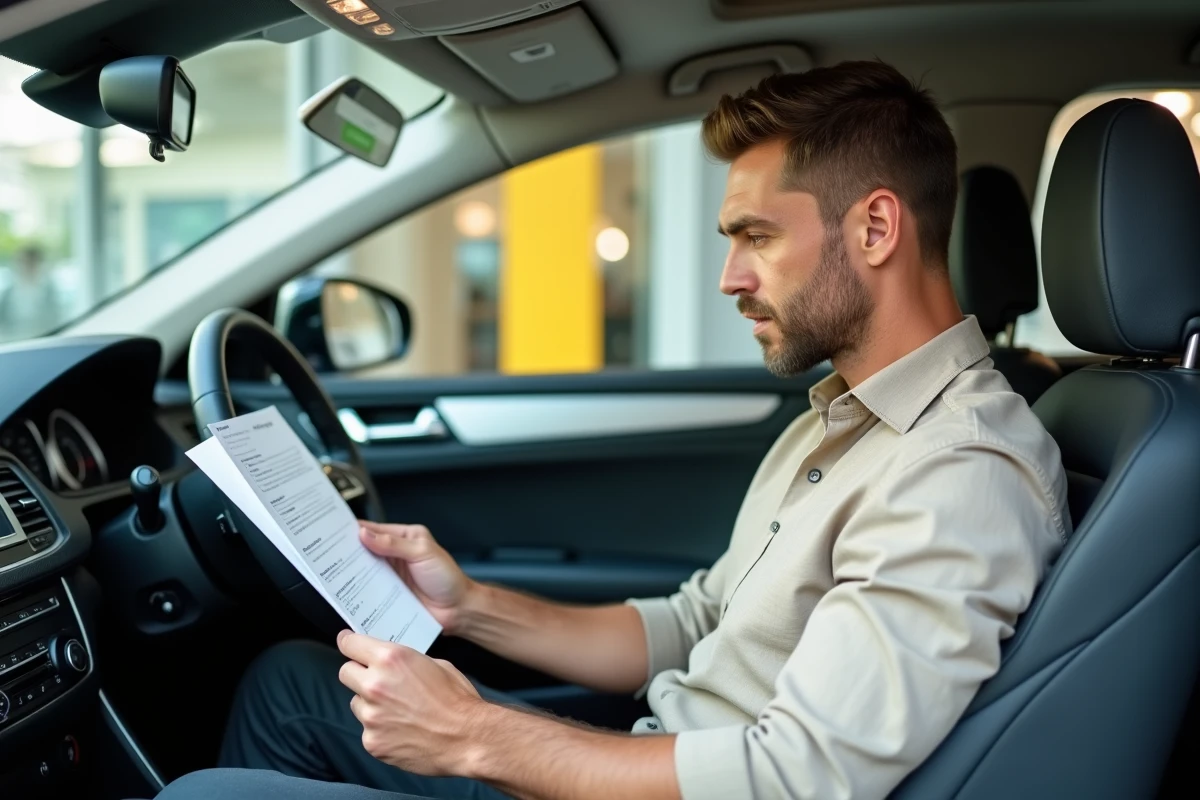 Homme lisant un contrat de location de voiture assis au volant dans une agence de location en Martinique