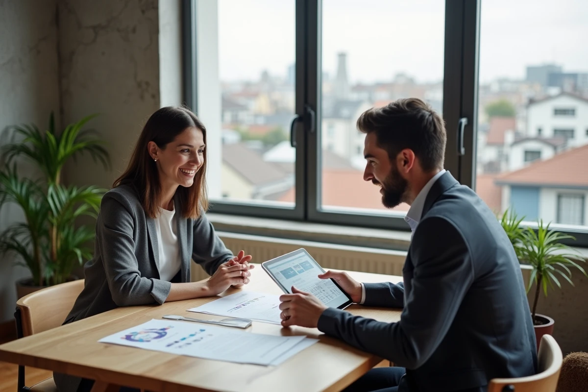Couple étudiant des documents de financement immobilier dans un appartement moderne en ville