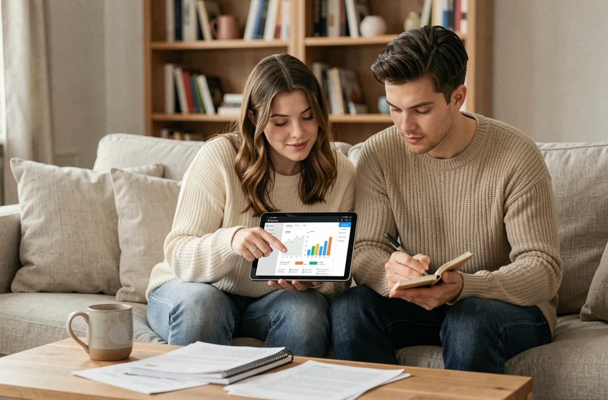 Jeune couple planifiant leurs investissements ensemble à la maison sur une tablette, entourés de notes financières