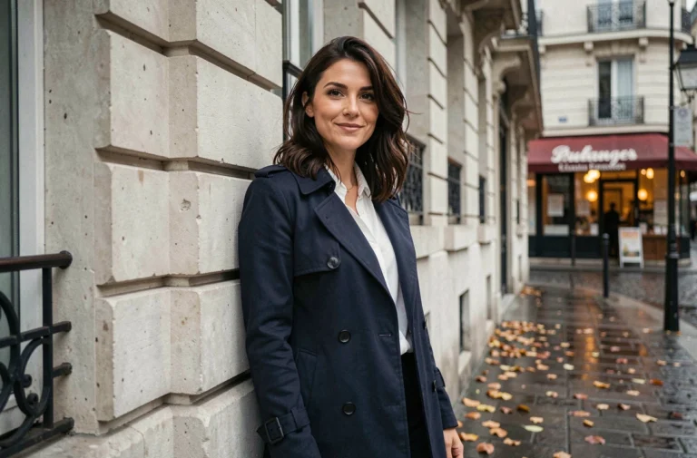Femme française élégante en imperméable marine devant une façade haussmannienne à Paris, incarnant les critères de beauté naturels et raffinés à la française