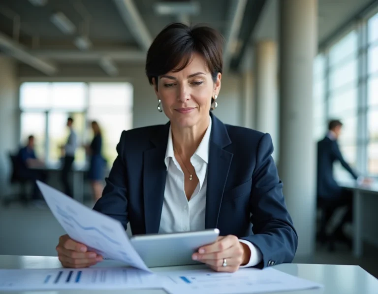 Directrice RH analysant des données de performance dans un bureau moderne pour optimiser la stratégie RH avec un DRP