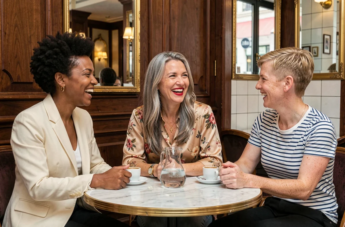 Trois femmes françaises de styles et d'origines diverses attablées dans une brasserie parisienne, illustrant la diversité et l'évolution moderne des critères de beauté en France