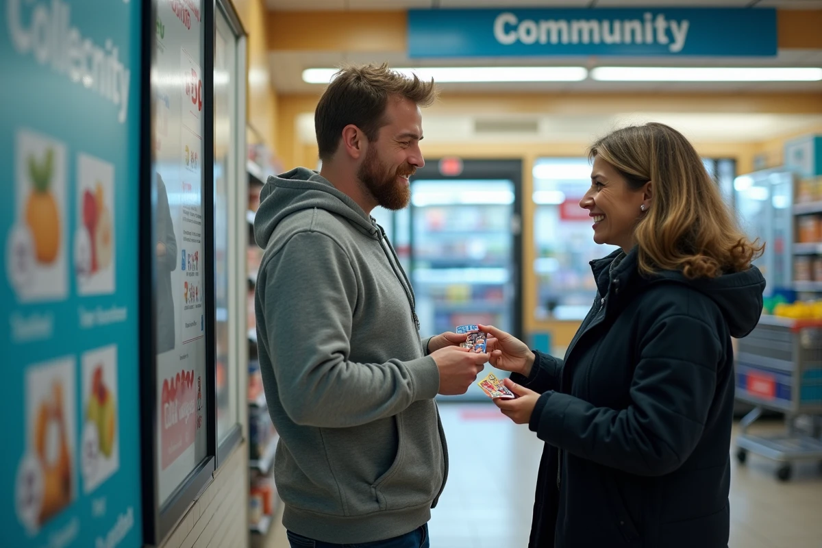 Deux adultes échangeant des vignettes Armor Lux devant le tableau d'affichage d'un supermarché Intermarché