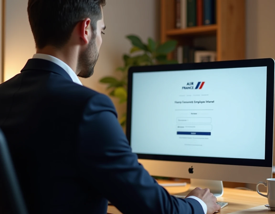 Employé Air France se connectant à Intralignes depuis son domicile sur un ordinateur de bureau