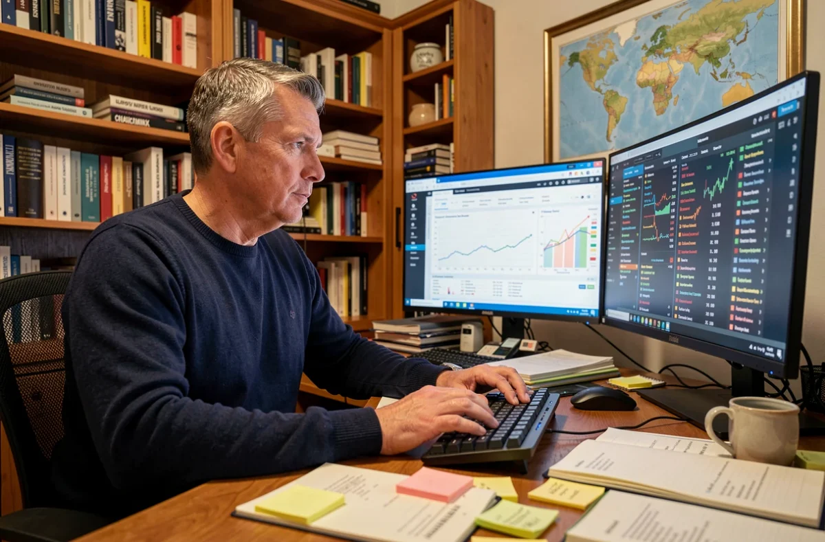 Entrepreneur à son bureau à domicile analysant des données et actualités du commerce en ligne