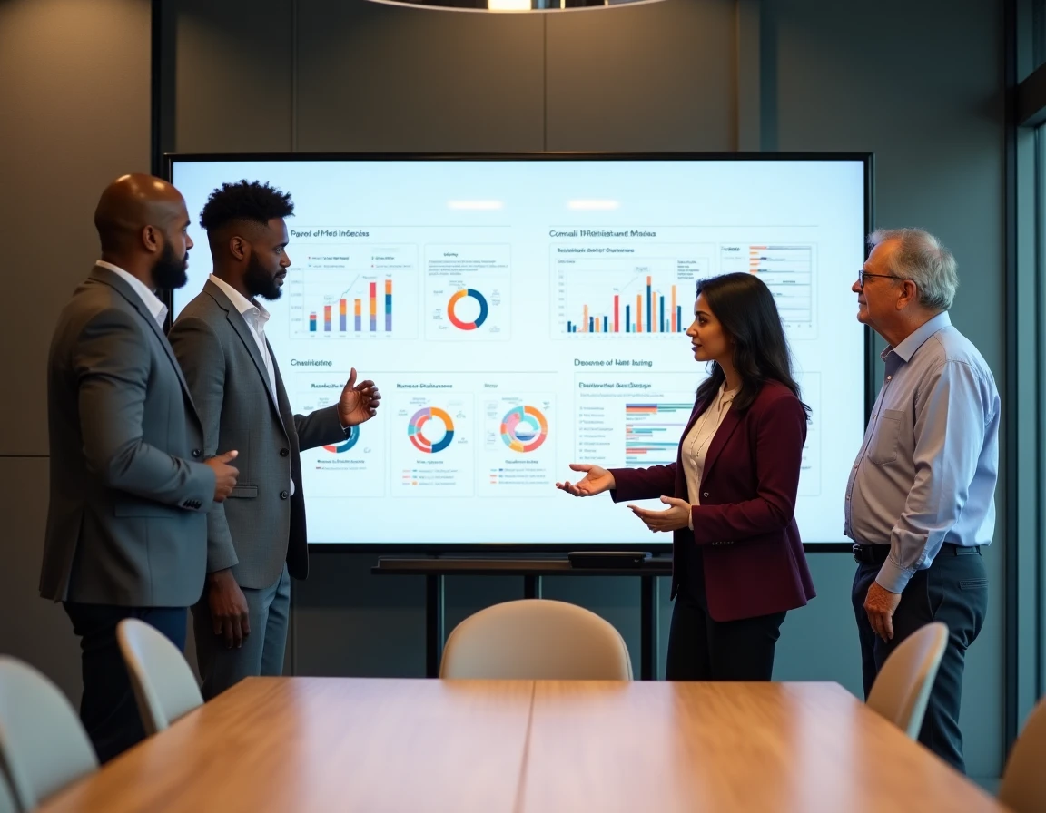 Équipe pluridisciplinaire discutant d'un plan de développement RH et de KPIs autour d'un tableau numérique en salle de réunion