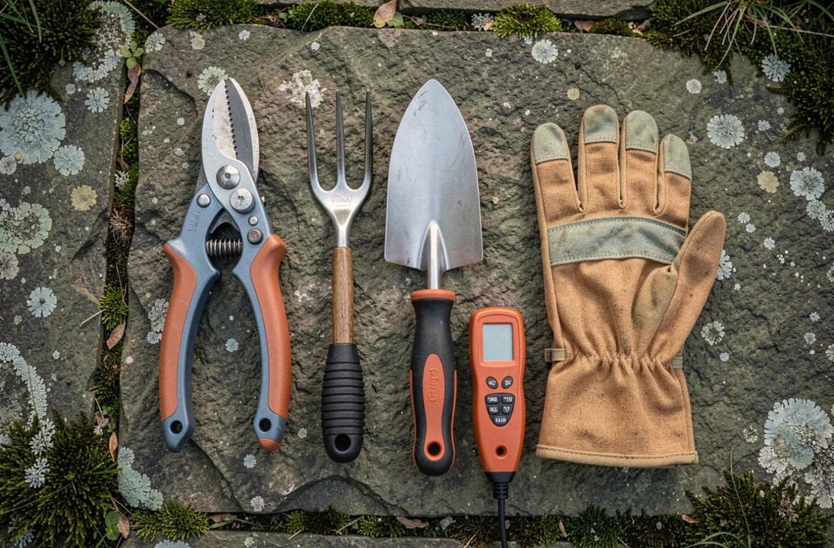 Vue aérienne d'une sélection d'outils de jardinage essentiels disposés sur une surface en pierre naturelle