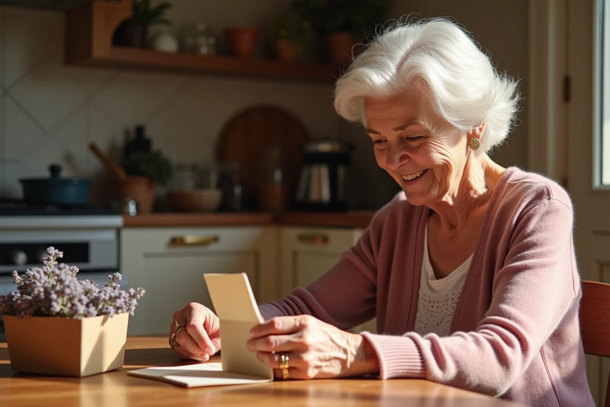 Femme de 70 ans aux cheveux gris découvrant avec émotion un flacon de parfum offert en cadeau dans une cuisine provençale chaleureuse
