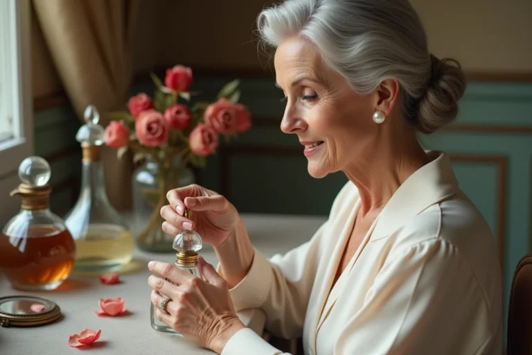 Femme élégante de 70 ans qui applique un parfum sur son poignet devant une coiffeuse vintage avec des flacons de parfum en verre