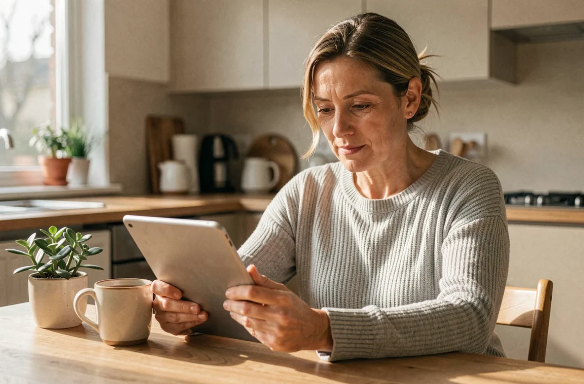 Femme lisant des actualités santé sur une tablette dans une cuisine moderne avec une tasse de thé