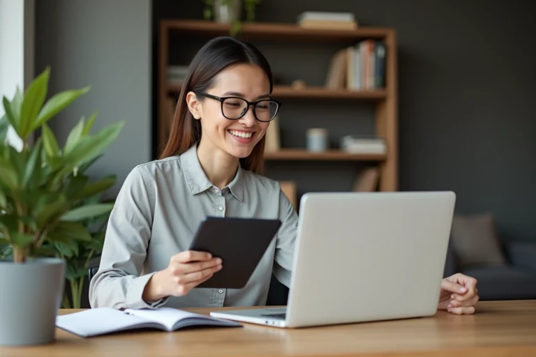 Femme souriante au bureau avec ordinateur et tablette