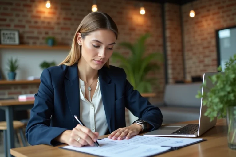 Femme entrepreneur en blazer marine analysant des documents de demande de subvention dans un espace de coworking moderne