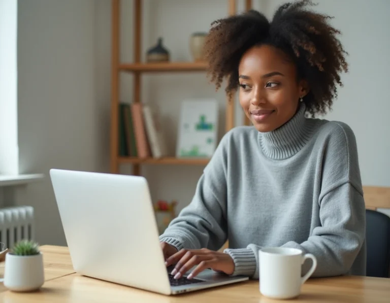 Femme utilisant un ordinateur portable pour gérer ses finances avec les services bancaires en ligne depuis son bureau à domicile