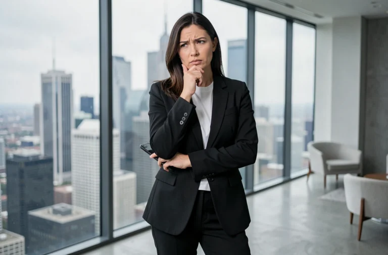 Femme influente en blazer noir tenant un smartphone, regard pensif devant une fenêtre urbaine, évoquant le dilemme entre engagement humanitaire et stratégie de communication