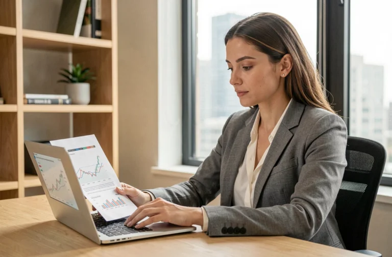 Femme investissant intelligemment sur son ordinateur portable dans un bureau à domicile moderne, analysant des graphiques financiers
