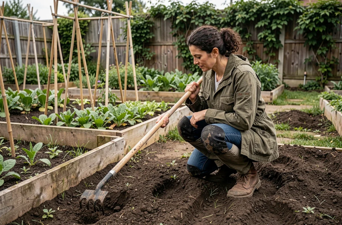Femme jardinière testant un cultivateur à long manche dans un potager bien entretenu au printemps