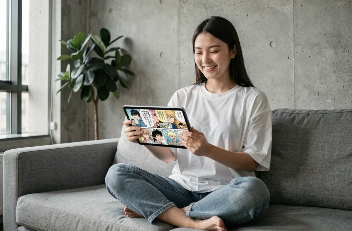 Jeune femme lisant un scan de manga sur tablette dans un appartement moderne au style minimaliste
