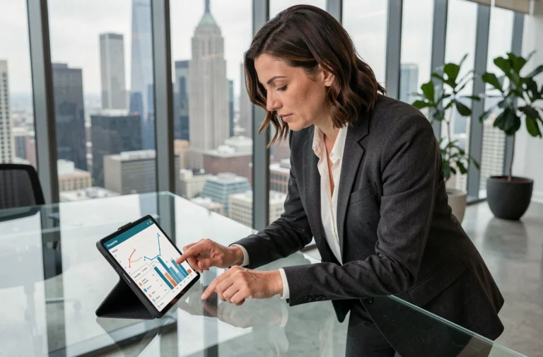 Femme professionnelle consultant des tendances business sur tablette dans un bureau moderne en ville