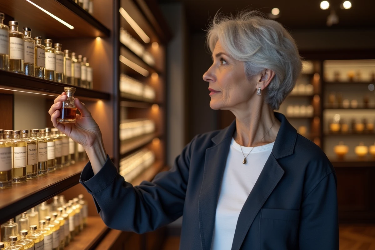 Femme senior aux cheveux argentés en train de choisir un parfum dans une parfumerie parisienne élégante avec des étagères en bois garnies de flacons