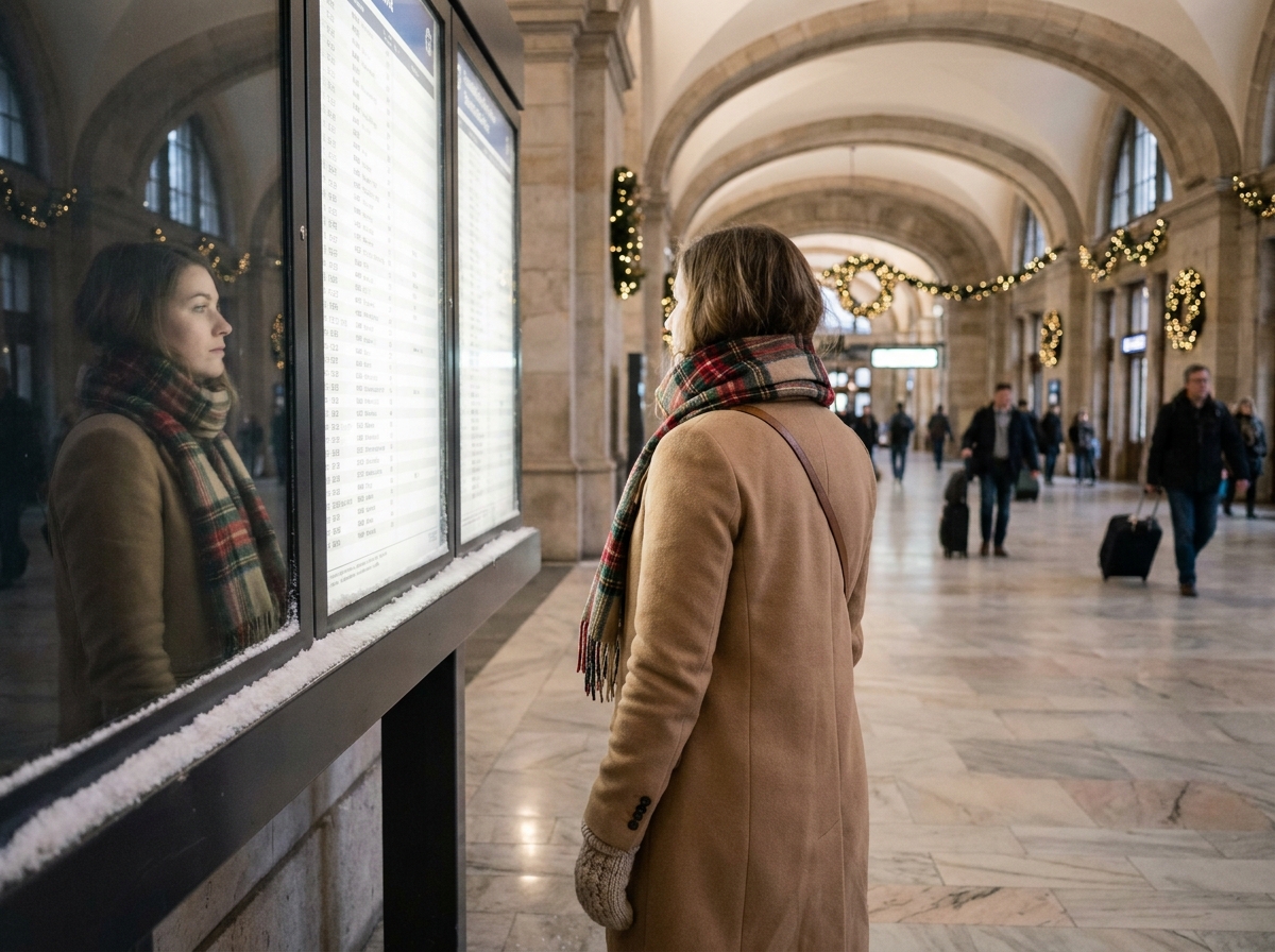 Jeune femme regardant un tableau des trains dans une gare ancienne