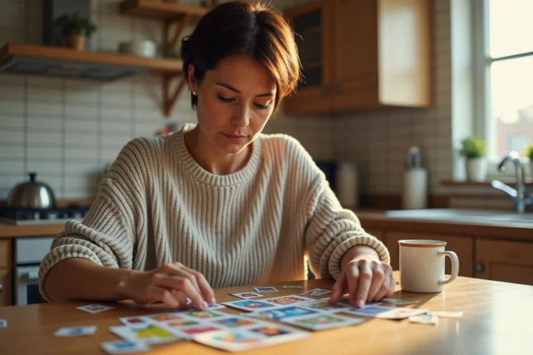 Femme triant des vignettes Armor Lux Intermarché sur une table en bois dans une cuisine chaleureuse