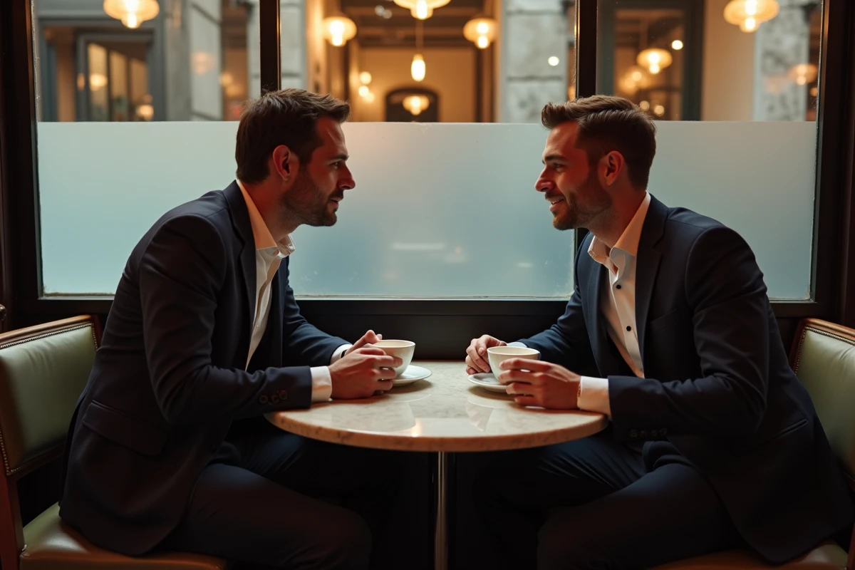 François-Xavier Bellamy et son compagnon partageant un café dans une brasserie parisienne traditionnelle