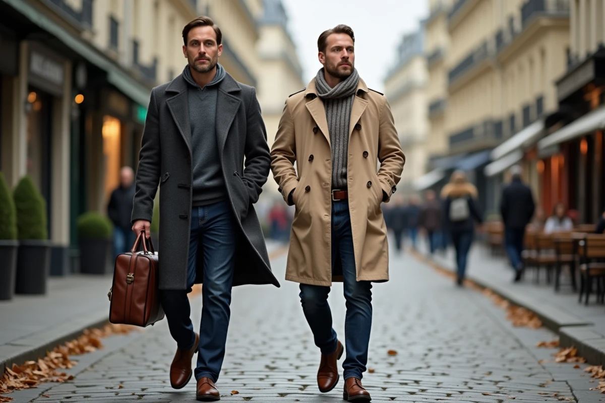 Deux hommes élégants marchant dans une rue pavée parisienne en automne, évoquant la vie de couple de François-Xavier Bellamy