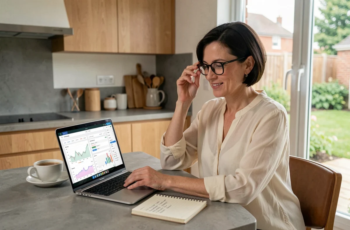Femme consultant un tableau de bord de finances personnelles sur un ordinateur portable dans une cuisine moderne pour gérer son patrimoine
