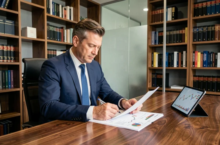 Homme d'affaires en costume marine analysant des graphiques financiers et des documents patrimoniaux sur un bureau en bois dans un bureau moderne