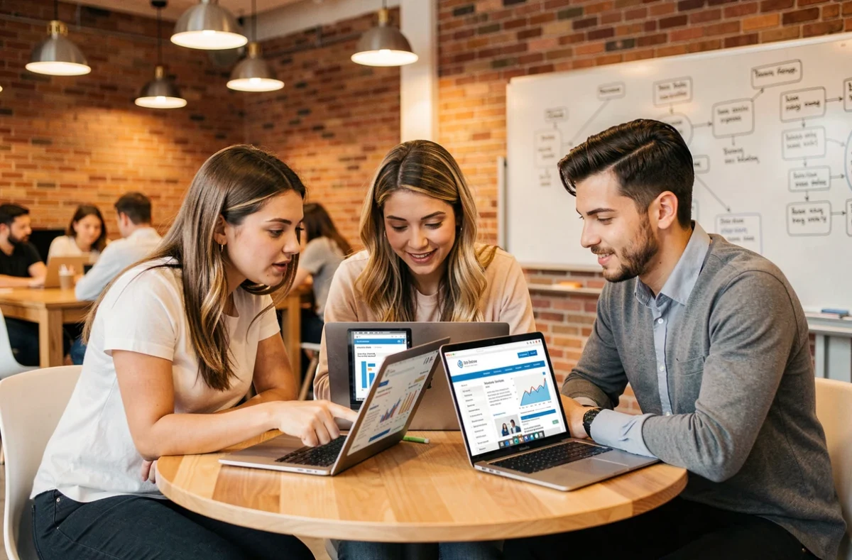 Groupe de jeunes professionnels collaborant autour de tendances et nouveautés du monde des affaires dans un espace de coworking
