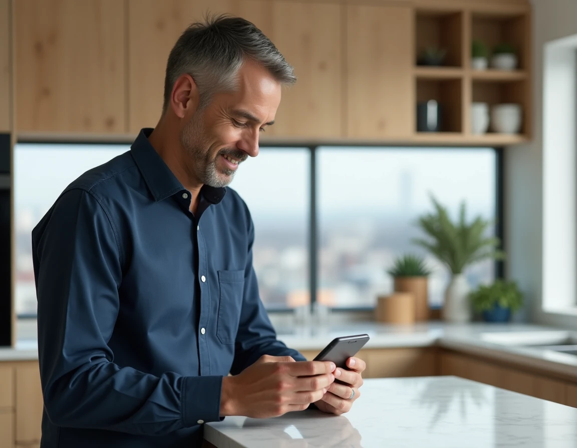 Homme consultant son application bancaire en ligne sur smartphone dans une cuisine moderne