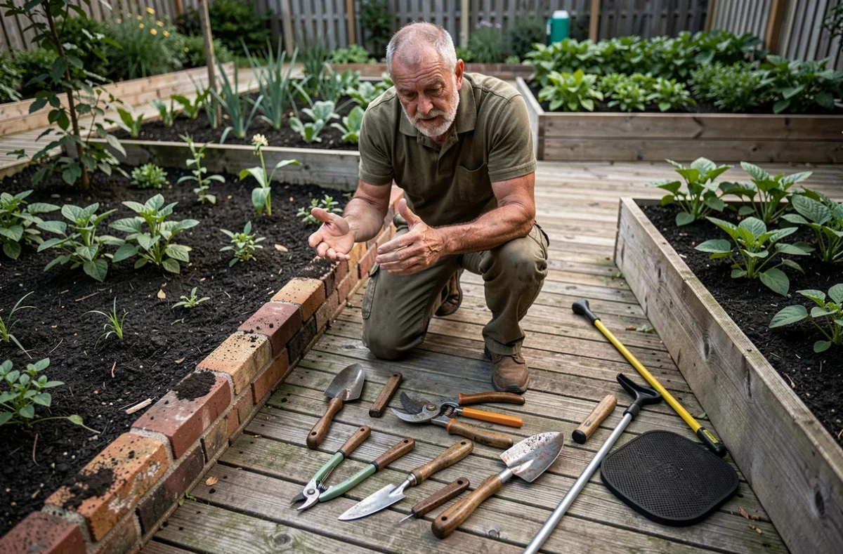 Homme jardinier expérimenté agenouillé près d'un assortiment d'outils de jardinage disposés sur une terrasse en bois entourée de potagers surélevés