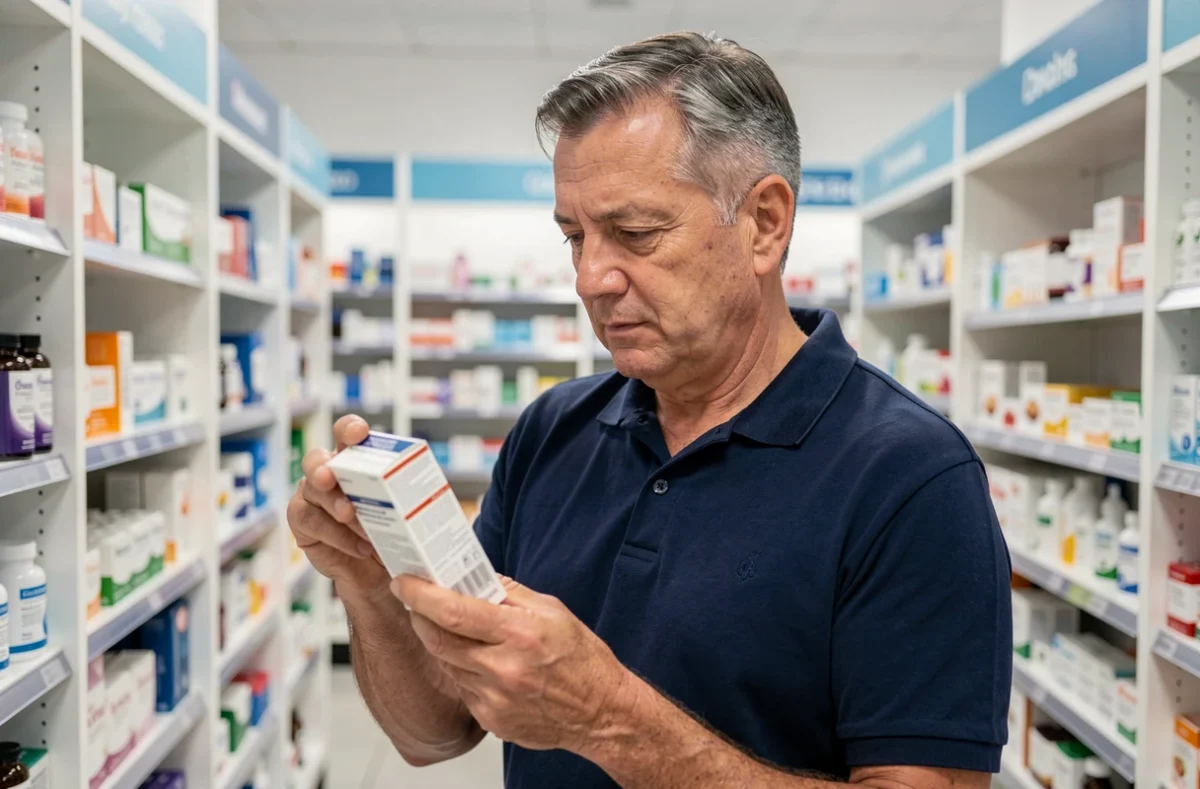 Homme d'âge mûr lisant l'étiquette d'une boîte de vitamines dans une pharmacie moderne
