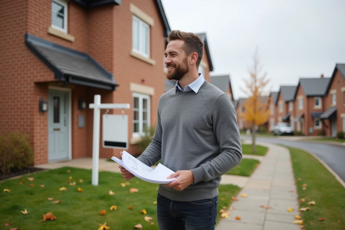 Homme examinant les plans d'une maison neuve dans un quartier résidentiel en automne
