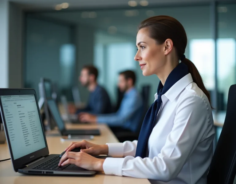 Hôtesse de l'air Air France connectée à l'intranet Intralignes sur un ordinateur portable dans un bureau de la compagnie